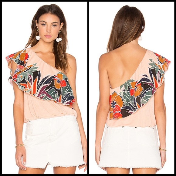 Free People Annka Peach Floral Print One-Shoulder Top size L - Picture 2 of 4
